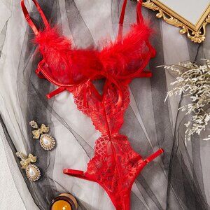 Feather Red Floral Longline Bra Set Women Lingerie Set Mesh Sexy Lingerie